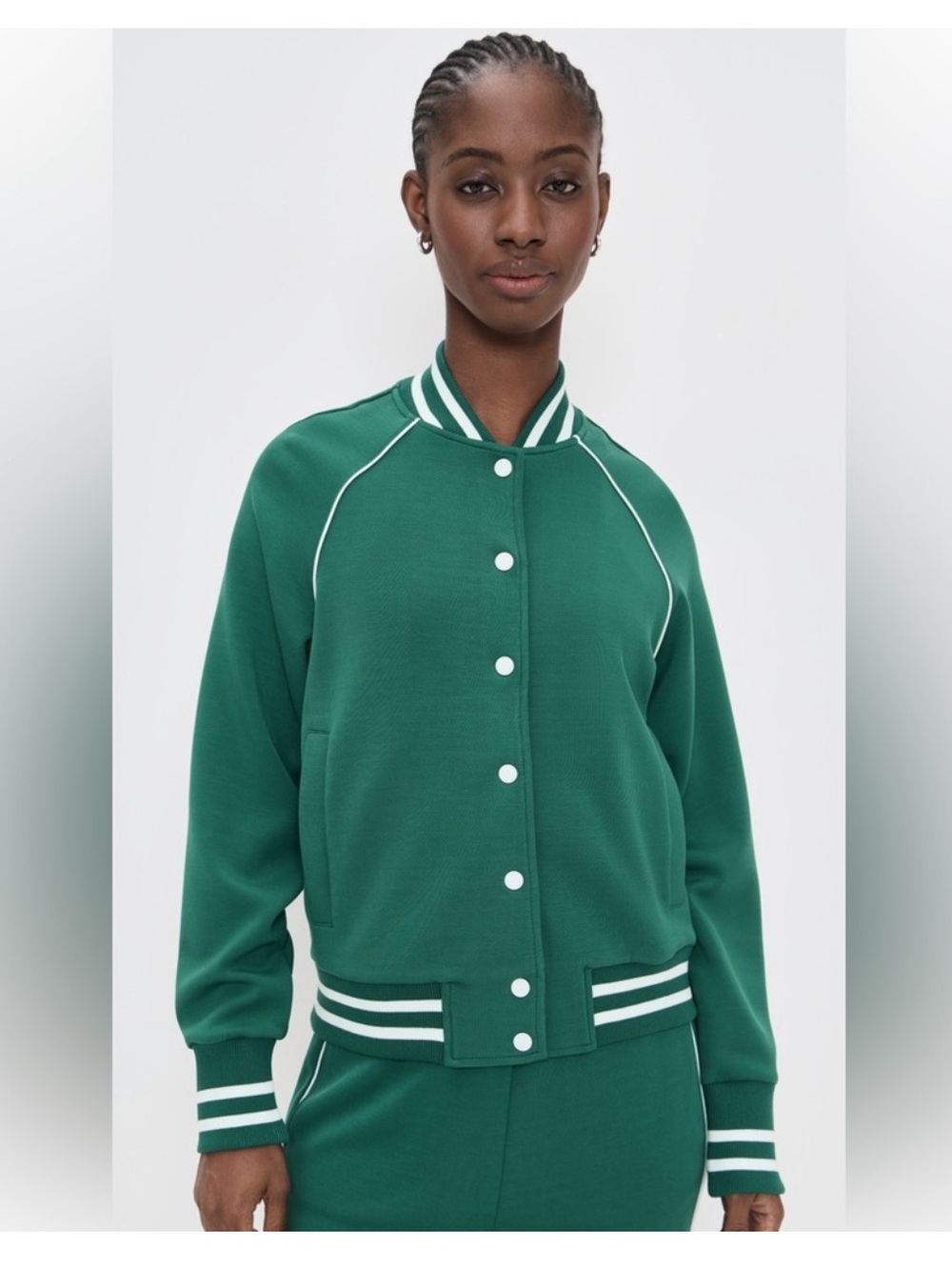 Varley Jepson Club Jacket in Forest Green and White Stripes size XS Extra Small